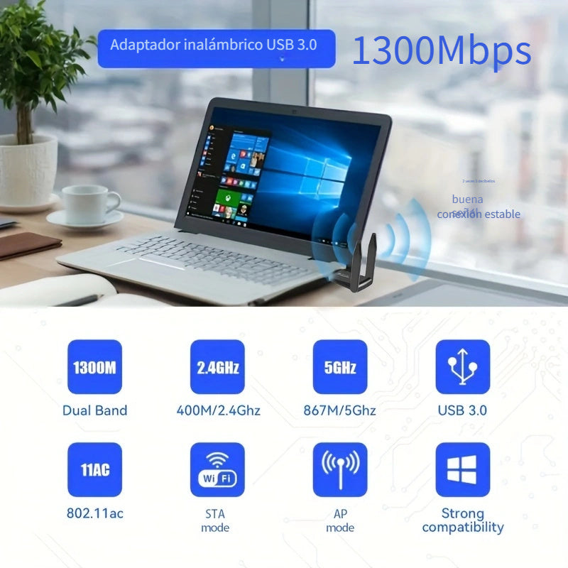 Adaptador USB WiFi de doble banda WIMOTEK de 1300 Mbps con antenas de 5 dBi, 802.11AC, USB 3.0, compatible con Windows 11/10/8/7/XP, Mac OS 10.9-10.15, conectividad Wi-Fi confiable para PC de escritorio