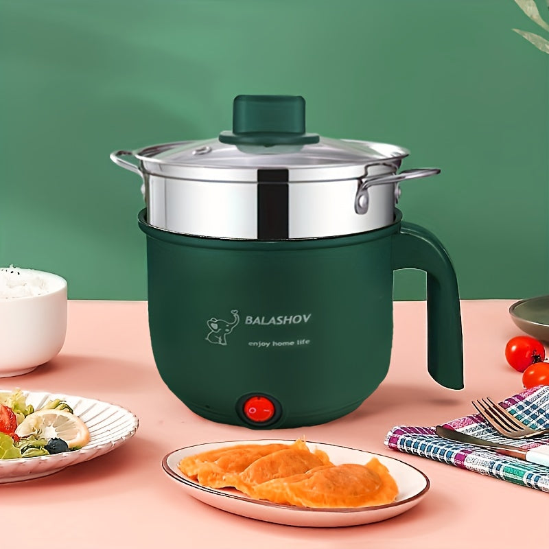 Olla Caliente Eléctrica Portátil BALASHOV de 1.8L con Vaporera - Antiadherente, Sartén Mini Multifuncional para Ramen, Fideos, Pasta, Huevos, Sopa y Avena - Verde, Diseño Viajero con Aislamiento Antiescaldado, Electrodoméstico de Cocina para Residencias