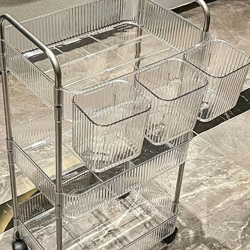 Carrito de almacenamiento acrílico transparente de 3 niveles con ruedas giratorias de 360°, diseño duradero y ahorrador de espacio para organización en el hogar y el baño, incluye 3 contenedores transparentes, solución de almacenamiento para baño, carrit