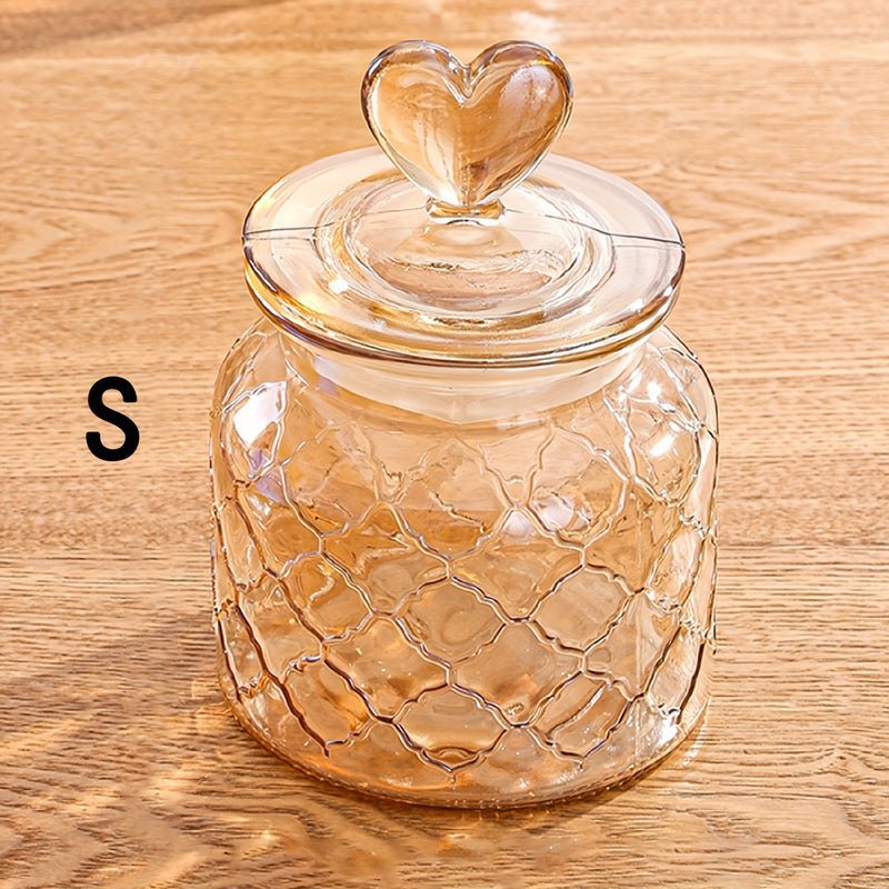 Encantador Tarro de Galletas de Vidrio Ámbar con Tapa de Corazón - Contenedor de Almacenamiento Reutilizable y Sellable para Galletas y Dulces, Perfecto para la Organización de la Cocina