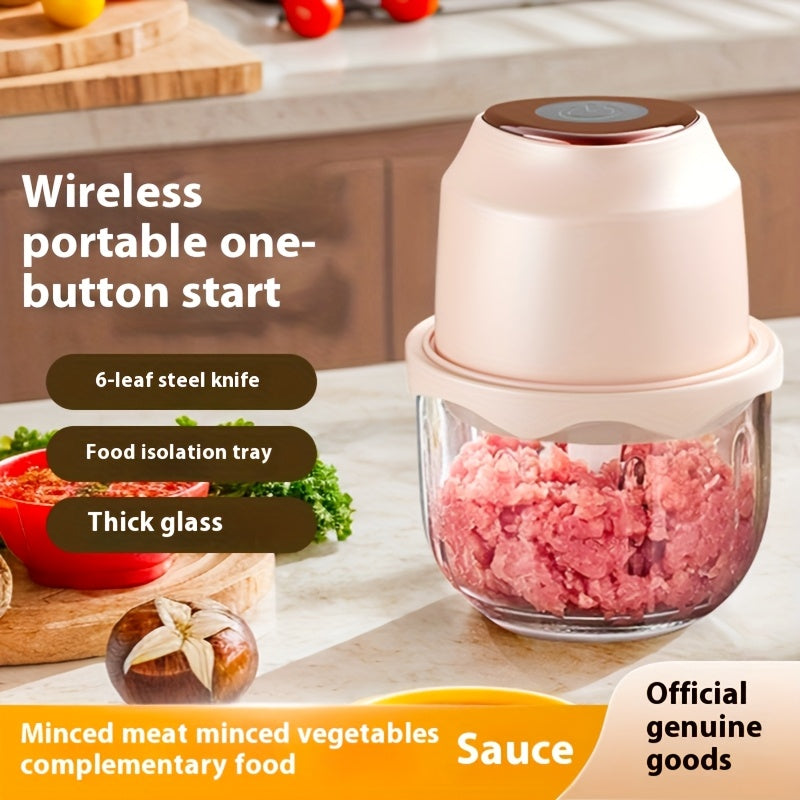 Picadora de Carne Eléctrica Recargable por USB y Triturador de Verduras de 22000 RPM - Aparato Multifunción 6 en 1 con Tarro de Vidrio, 6 Cuchillas de Acero Inoxidable, Diseño Compacto para Cocina Casera, Preparación de Alimentos, Batidos, Salsas, Herram