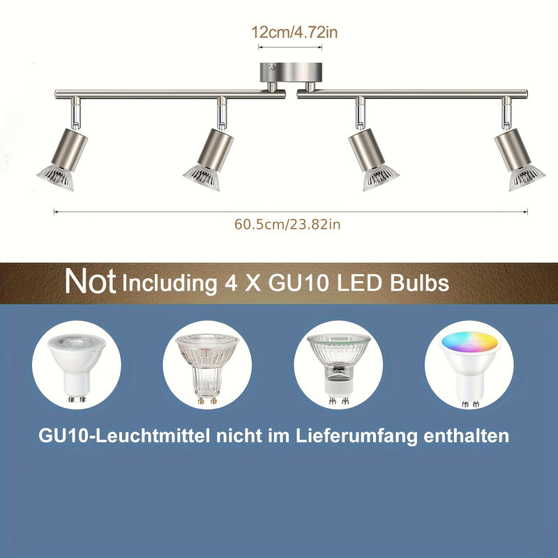 AMANSOUR Moderna Lámpara de Techo LED de 4 Llamas, Spotlight Rotatable 330°, Montaje Semi-Flush, Níquel Mate, Hierro Fundido, Control de Interruptor, Cableado Duro 110-240V, para Cocina, Sala de Estar, Dormitorio - Sin Bombillas Incluidas