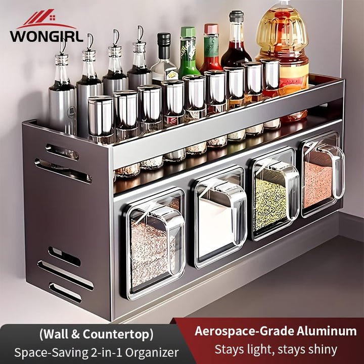 Organizador de especias de acero inoxidable con estantes y frascos colgantes - Conjunto de almacenamiento de cocina multifuncional, diseño que ahorra espacio para especias, hierbas y condimentos, organizadores y almacenamiento de cocina.