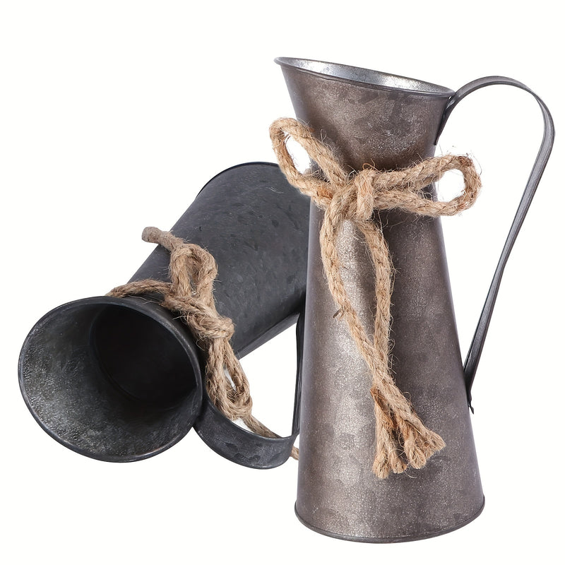 2 piezas de jarrón vintage estilo granja, jarrones rústicos de metal galvanizado para flores secas, macetero shabby chic, jarra de metal con asa para decoración de bodas, hogar y jardín