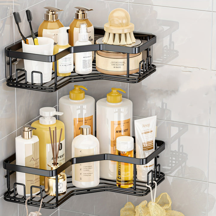 2pcs Estantes de Esquina de Hierro Fundido Lacado en Negro, Organizador de Baño Montado en la Pared con Ganchos, Cestas de Almacenamiento de Acero Inoxidable para Accesorios de Baño, Organizadores y Almacenamiento de Baño