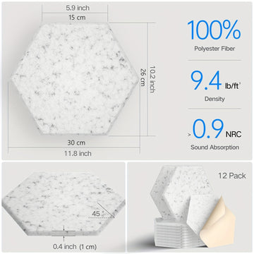12 paneles de espuma acústica, 30.48 cm x 25.4 cm x 1.02 cm, diseño hexagonal elegante, autoadhesivos, retardantes de llama, reducen el ruido y eliminan ecos (NRC>0.9)