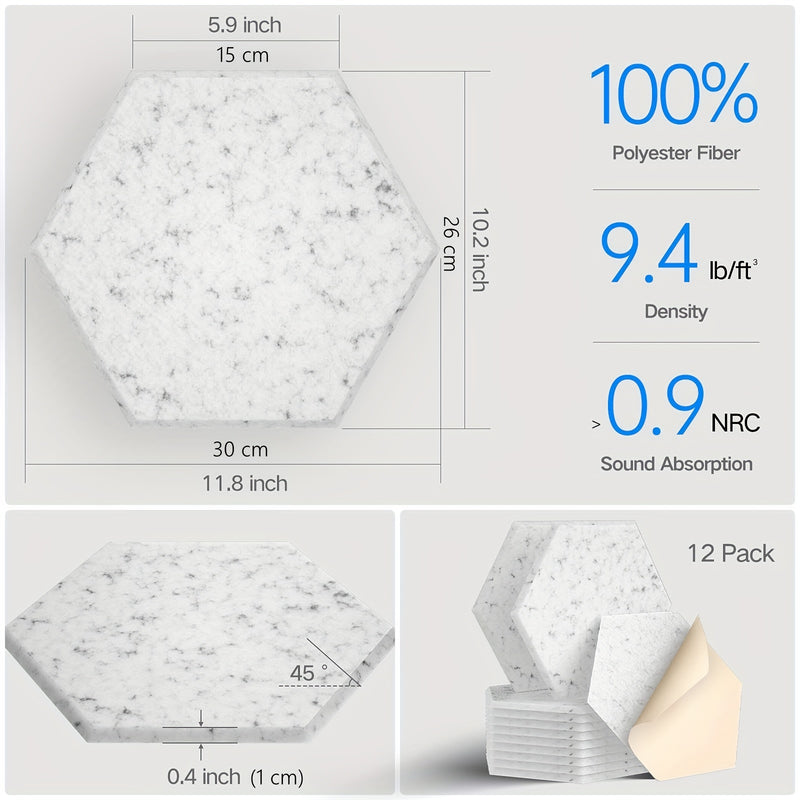 12 paneles de espuma acústica, 30.48 cm x 25.4 cm x 1.02 cm, diseño hexagonal elegante, autoadhesivos, retardantes de llama, reducen el ruido y eliminan ecos (NRC>0.9)