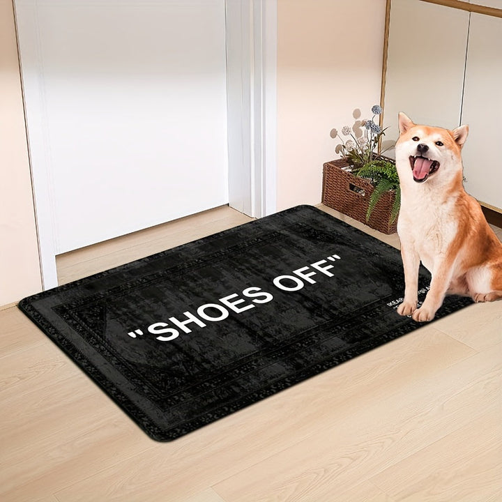 Alfombra Estampada Bohemia 'SHOES OFF' - Suave, Antideslizante, de Franela en Negro | Perfecta para Sala de Estar, Dormitorio, Comedor, Oficina y Decoración de Entrada