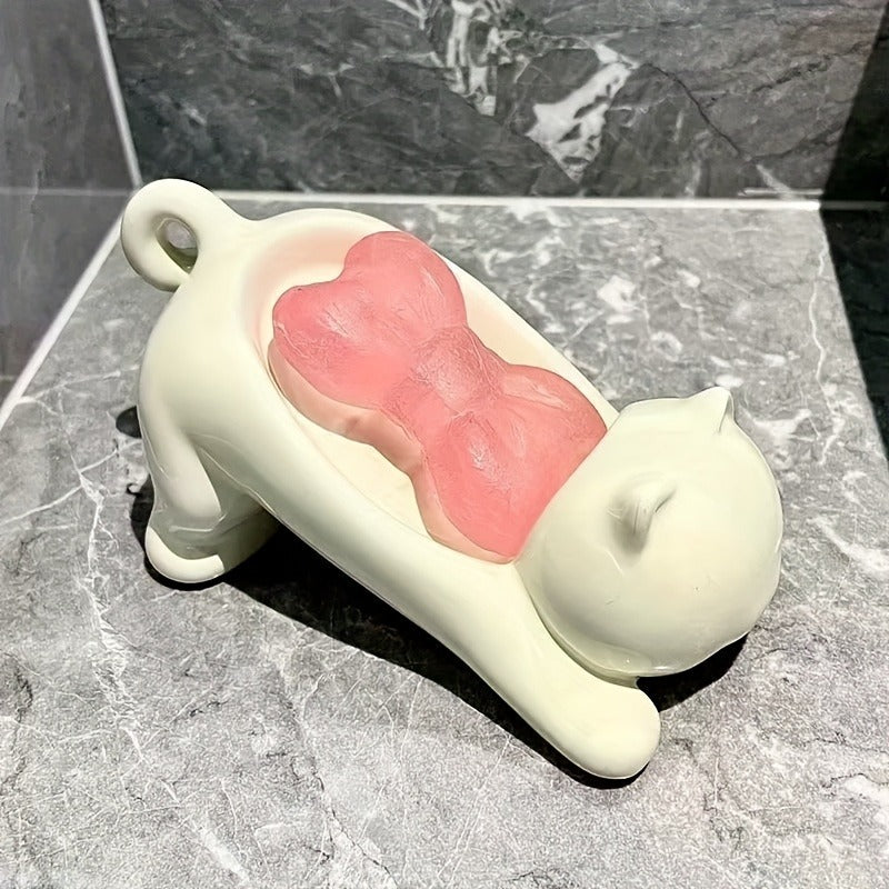 Porta jabón divertido con diseño de gato animado, color blanco y rosa brillante, con drenaje, soporte plástico decorativo para baño, ideal para guardar jabón y esponjas, accesorios para baño, diseño juguetón, acabado brillante