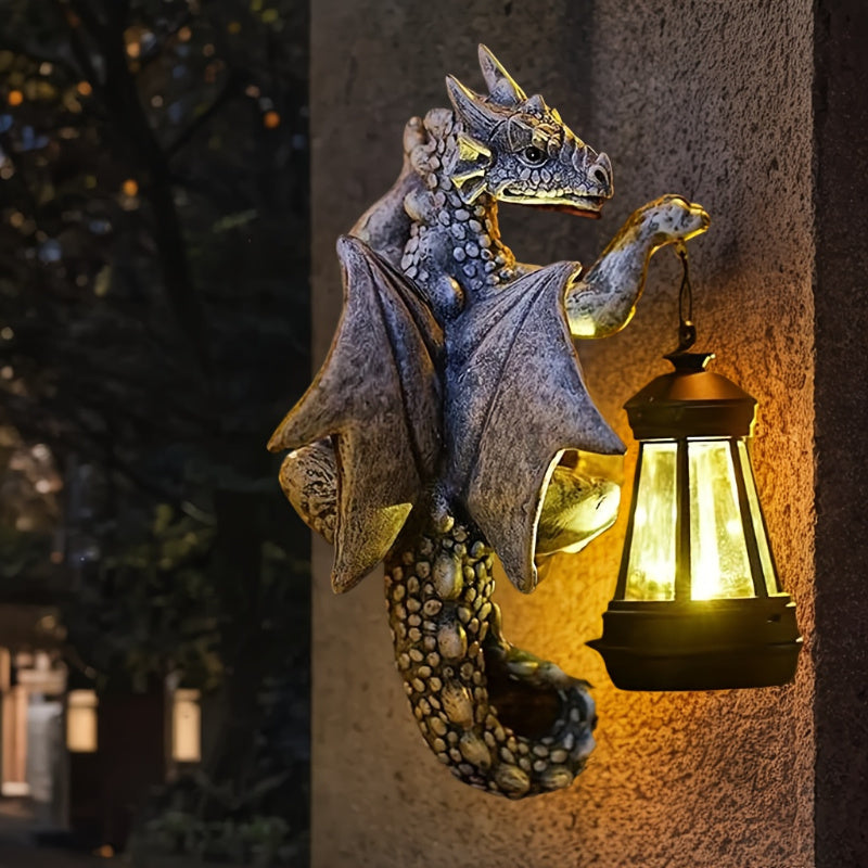 1 pieza de farol de pared solar con dragón gárgola de resina, decoración de patio al aire libre con batería de níquel de 600 mAh, tema animal, iluminación eficiente en energía, control de sensor de luz, sin control remoto, componentes fotovoltaicos, carg