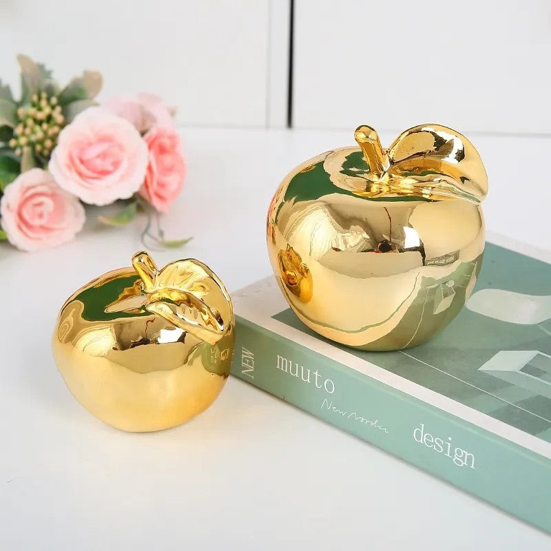 Figurita de manzana de cerámica dorada elegante - Decoración moderna para el hogar y la oficina, ideal para el salón o el armario de vinos, uso interior/exterior, no necesita electricidad, decoración de manzana