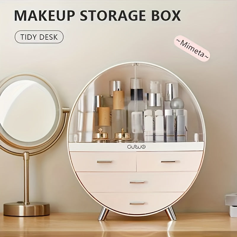 Organizador de cosméticos redondo con cajones, caja de almacenamiento de maquillaje de plástico de gran capacidad, estuche de tocador, elegante y que ahorra espacio para tocador y baño