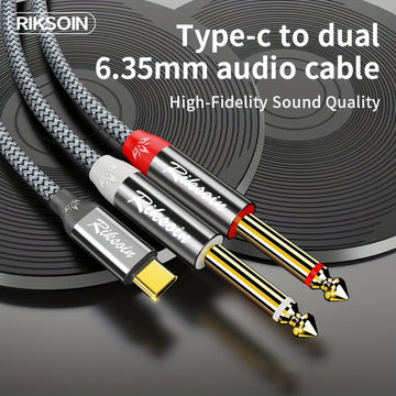 RIKSOIN Cable Y-Splitter de Audio Estéreo Trenzado de Alta Fidelidad USB-C a Dual 6.35mm TS, Conectores Chapados en Oro - Ideal para Amplificadores, Consolas de Mezcla, Altavoces, Smartphones y Portátiles