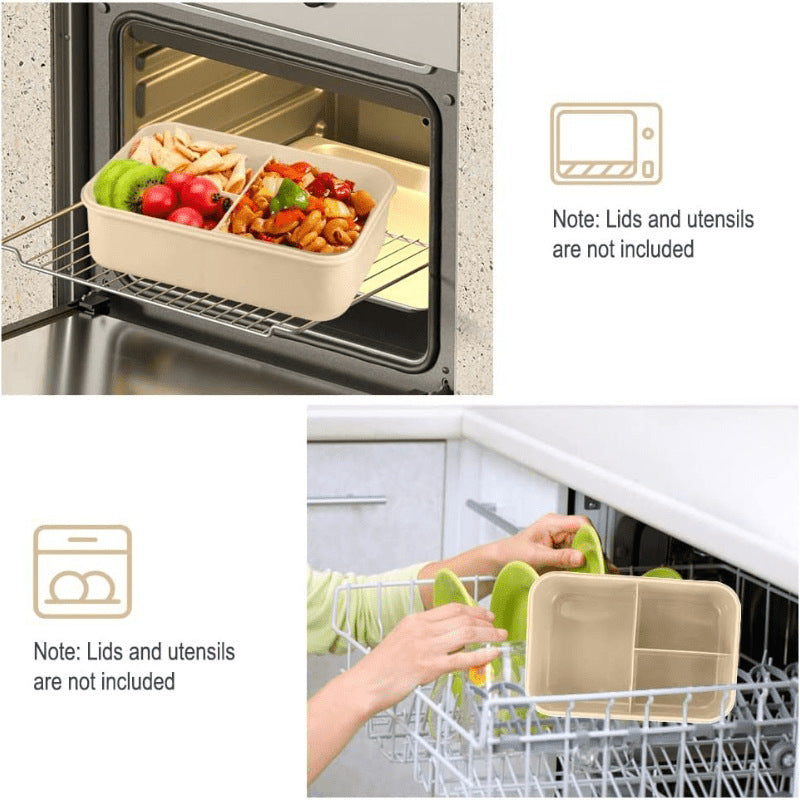 Lonchera Térmica de Rejilla con 3 Compartimentos y Calentamiento en Microondas, Caja Bento de Silicona Verde para la Escuela, Trabajo y Comidas al Aire Libre, Cubierta con Bloqueo de Seguridad, Solo Lavado a Mano, Material de Paja de Trigo, Forma Cuadrada
