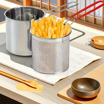 Juego de Freidora y Colador de Acero Inoxidable - Compacto y Fácil de Usar - Ideal para Papas Arrugadas, Patatas Fritas, Pescado y Pollo - Herramienta Esencial en la Cocina del Hogar