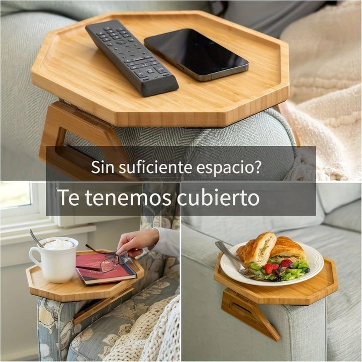Bandeja de Apoyo de Brazo de Sofá de Bambú - Mesa de Sofá con Clip para Snacks, Bebidas y Controles Remotos - Diseño que Ahorra Espacio