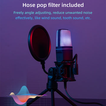 Micrófono de juego, micrófono USB para PC para podcasts de video, transmisión, micrófono de condensador con función de silencio rápido, trípode, filtro de pop, luz indicadora RGB, soporte antivibraciones, perilla de ganancia rotativa, compatible con PS4/
