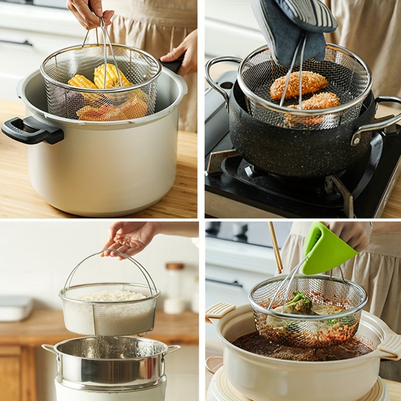 1pc Juego de cesta de vapor y colador de aleación de aluminio de 20 cm con bandeja de drenaje y soporte para pies, multifuncional para freír, cocinar y cocinar al vapor