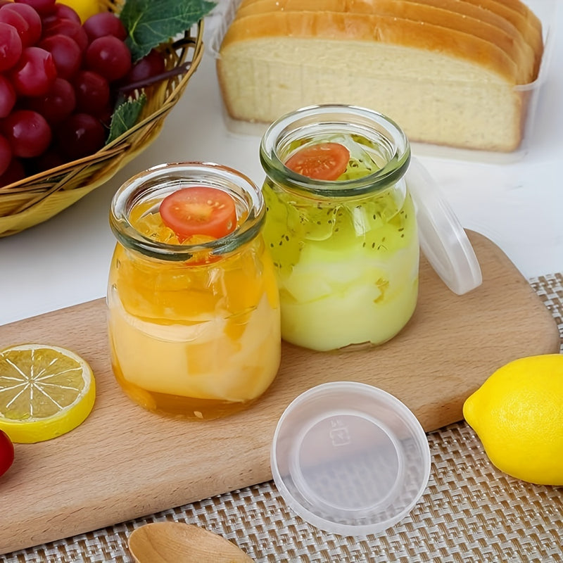 10pcs Tarros de Vidrio Transparentes de 4oz con Tapas de PE - Perfectos para Yogur, Pudín, Leche, Mermelada, Gelatina, Mousse y Miel - Contenedores Redondos Reutilizables para Almacenamiento en la Cocina del Hogar