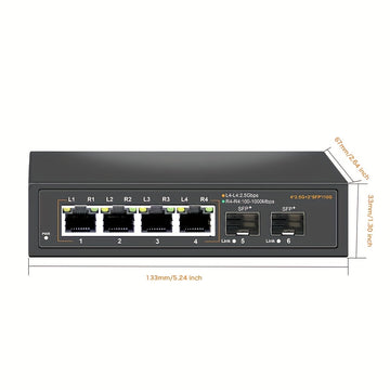 Conmutador Ethernet No Gestionado de 6 Puertos con 4* Portales Base-T de 2.5G y 2* Puertos SFP+ de 10G, Conmutador de Red de 2.5Gbps para NAS/PC de 2.5Gbps, Router WiFi6, Plug and Play