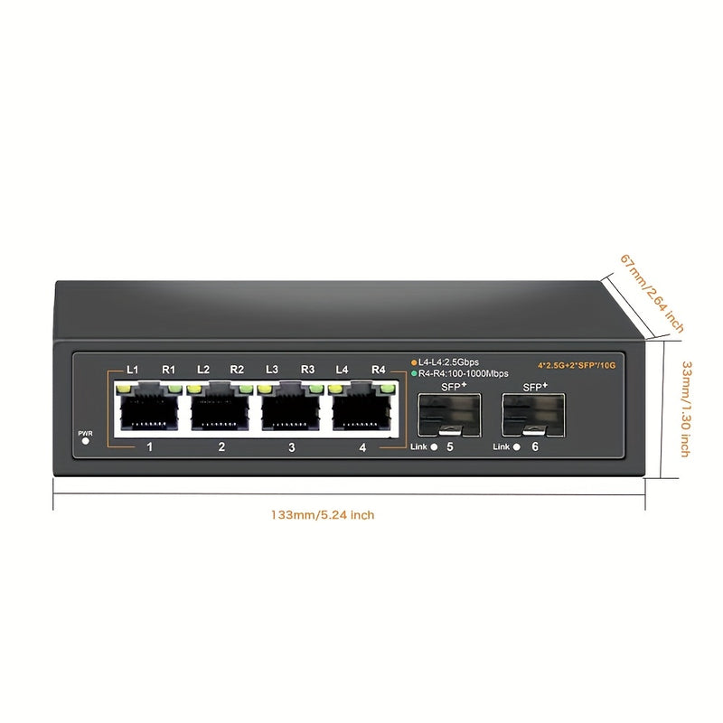 Conmutador Ethernet No Gestionado de 6 Puertos con 4* Portales Base-T de 2.5G y 2* Puertos SFP+ de 10G, Conmutador de Red de 2.5Gbps para NAS/PC de 2.5Gbps, Router WiFi6, Plug and Play