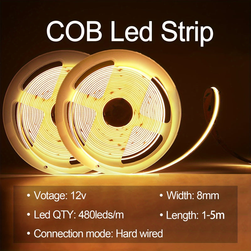 Listones de Luces LED COB Flexibles, 12V Alta Luminosidad (40W), Blanco Natural/Cálido/Frío - Rollo de 1m-5m para Decoración del Hogar DIY, Cocina, Garaje, Paredes de TV y Proyectos de Neón