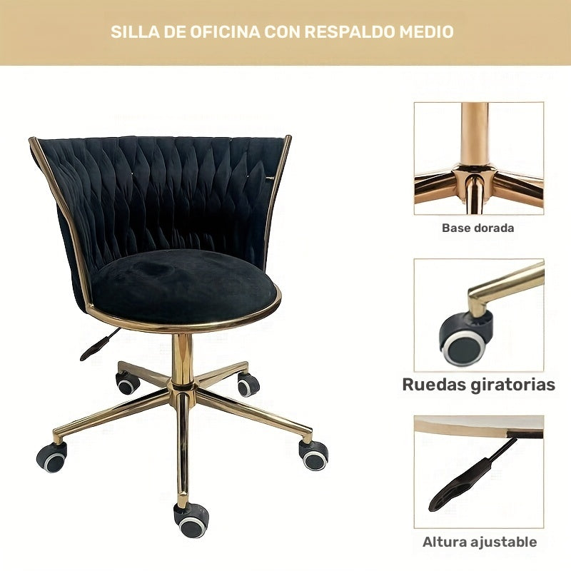Silla giratoria de terciopelo dorado para maquillaje, con respaldo tejido, altura ajustable y giro de 360°, ideal para tocador, salón de belleza, mesa de manicura, escritorio de estudio y computadora