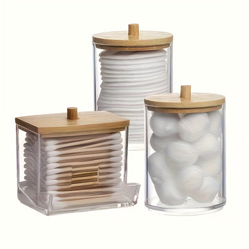 Juego de 3 cajas para hisopos de algodón con tapa de bambú, almacenamiento de bolitas de algodón acrílico transparente, discos desmaquillantes y palillos de hilo dental - Dispensador multifuncional para baño, esencial para organización del hogar, diseño
