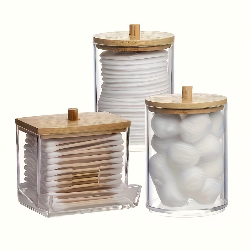Juego de 3 cajas para hisopos de algodón con tapa de bambú, almacenamiento de bolitas de algodón acrílico transparente, discos desmaquillantes y palillos de hilo dental - Dispensador multifuncional para baño, esencial para organización del hogar, diseño
