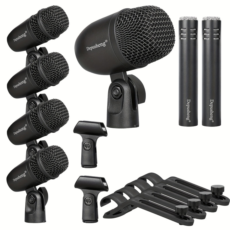 Kit de Micrófono Dinámico con Cable DEPUSHENG 7pcs - para Bajo/Tom/Snare/Hi-hat Cymbals, Soportes y Clips Roscados