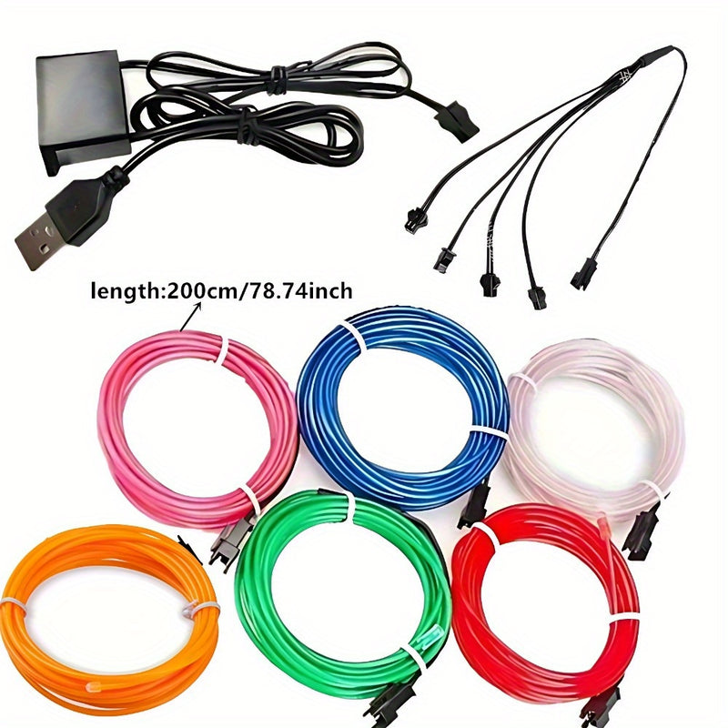 Conjunto de combinación de 6 piezas de alambre luminoso EL de 2 metros de largo, alambre de luz fría EL, cadena de luces decorativas DIY para ambiente, accesorios de baile fluorescentes, alambre fluorescente LED