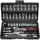 Juego de 46 piezas de dados de 1/4" con llave de carraca, extensiones y llave de torsión - Construcción metálica duradera, ideal para reparaciones automotrices, de bicicletas, motocicletas e industriales - Incluye estuche organizador, kit de herramientas