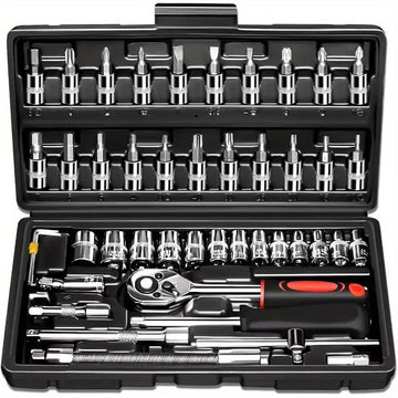 Juego de 46 piezas de dados de 1/4" con llave de carraca, extensiones y llave de torsión - Construcción metálica duradera, ideal para reparaciones automotrices, de bicicletas, motocicletas e industriales - Incluye estuche organizador, kit de herramientas
