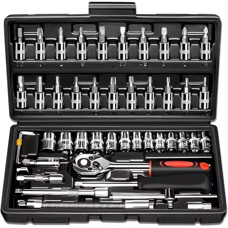 Juego de 46 piezas de dados de 1/4" con llave de carraca, extensiones y llave de torsión - Construcción metálica duradera, ideal para reparaciones automotrices, de bicicletas, motocicletas e industriales - Incluye estuche organizador, kit de herramientas