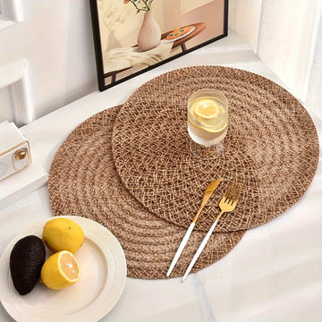 6pcs Elegantes Manteles Redondos Bohemios - Antideslizantes y Aislados Térmicamente de Yute Natural, Fáciles de Limpiar para Cenas, Comidas Familiares & Uso Diario, Tapetes de Cocina, Vajilla Rústica, Solo Lavado a Mano