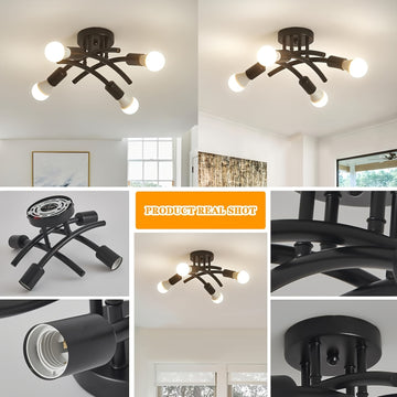 Aplique de Techo Semiempotrado Industrial de 4 Luces, Luminarias Modernas de Araña Sputnik, Apliques de Luz Industrial para Cocina, Aplique de Techo para Comedor y Pasillo, Base E26 E27 (Bombillas No Incluidas)