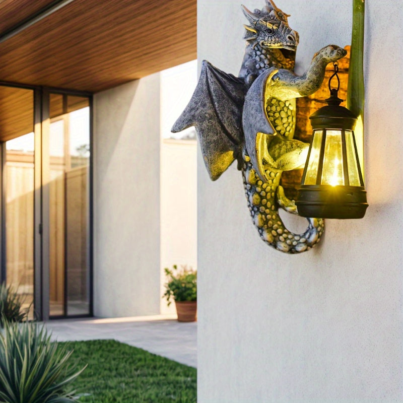 1 pieza de farol de pared solar con dragón gárgola de resina, decoración de patio al aire libre con batería de níquel de 600 mAh, tema animal, iluminación eficiente en energía, control de sensor de luz, sin control remoto, componentes fotovoltaicos, carg