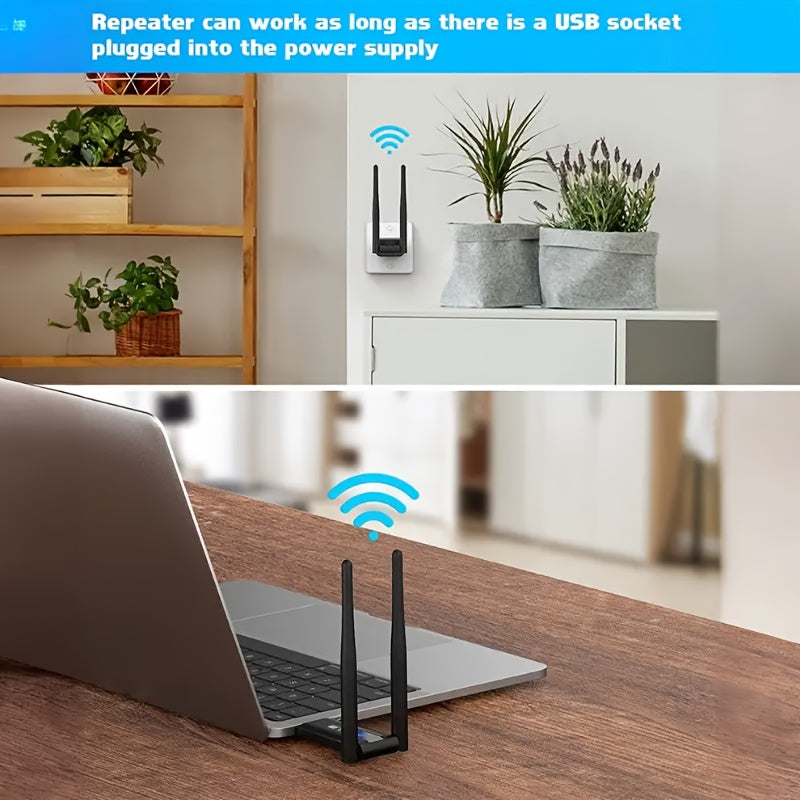 Amplificador de señal WiFi de doble banda de 2.4G con velocidad de 300Mbps, doble antena y control de APP - Configuración fácil, no requiere energía para la mejora de la señal WiFi en interiores, oficina en casa pequeña, diseño moderno, material duradero
