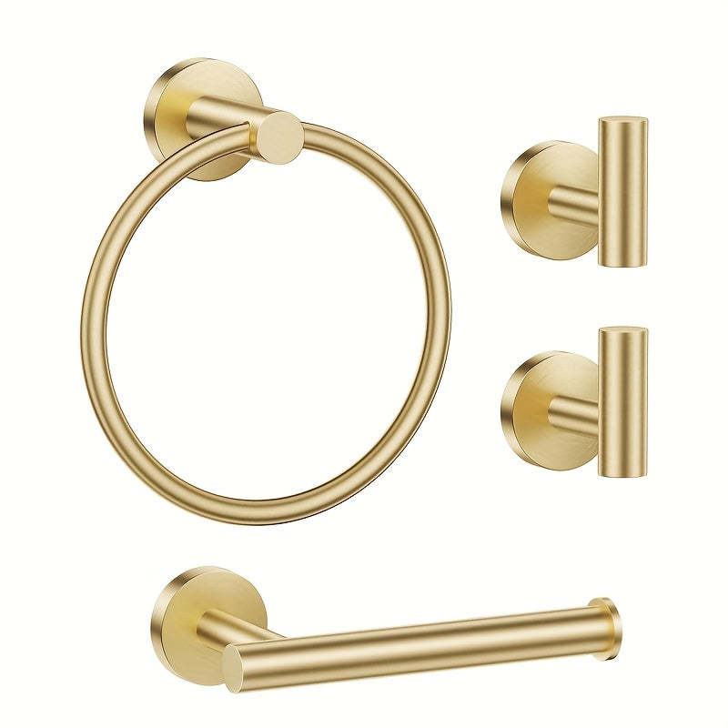 Juego de accesorios de baño, 4 piezas, incluye soporte de papel higiénico, anillo de toallas y 2 ganchos de toallas, juego de accesorios de baño con montaje en pared de acero inoxidable, negro, plateado, dorado.