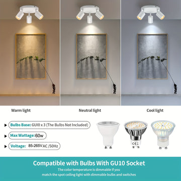3 luces redondas de techo LED, blanco giratorio GU10 - Moderno hierro y acabado pulido, montaje semi-inclinado, cableado, múltiples componentes, control de interruptor para cocina, dormitorio, sala de estar - Luces no incluidas, iluminación para el hogar
