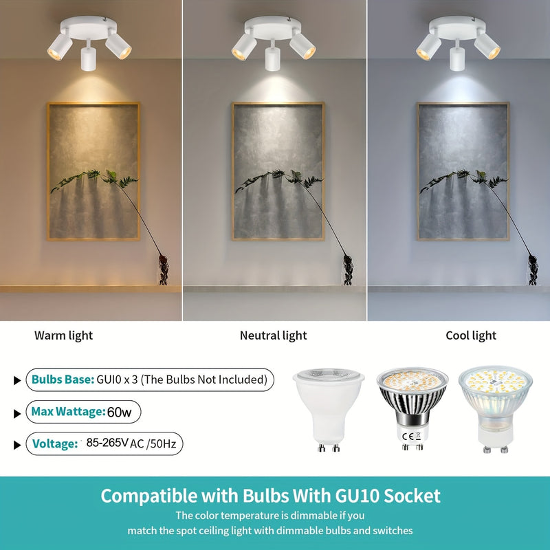 3 luces redondas de techo LED, blanco giratorio GU10 - Moderno hierro y acabado pulido, montaje semi-inclinado, cableado, múltiples componentes, control de interruptor para cocina, dormitorio, sala de estar - Luces no incluidas, iluminación para el hogar