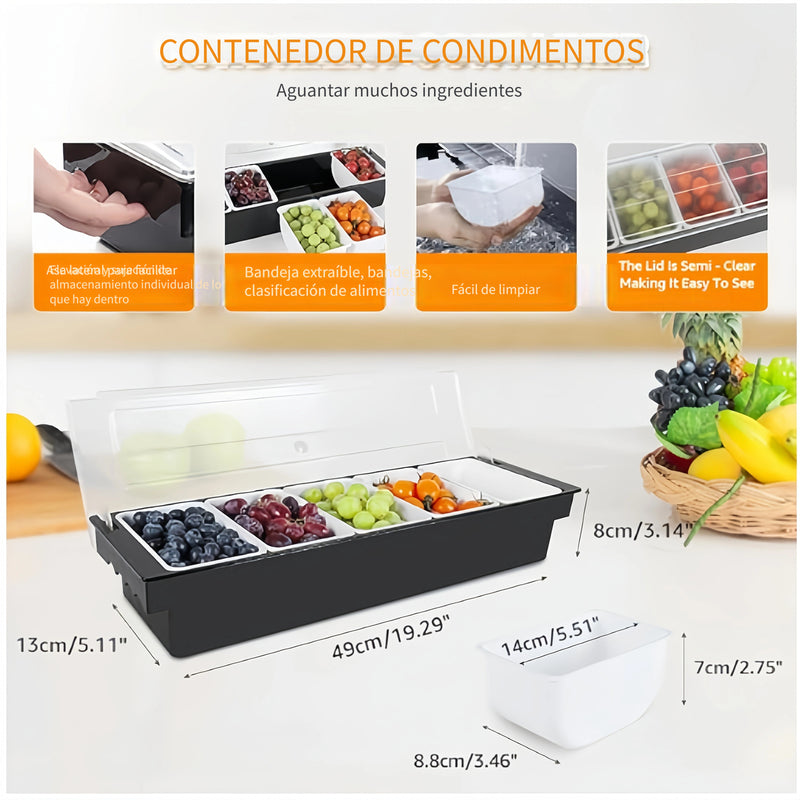 1 Juego de Bandeja para Especias con 6 Compartimentos y Tapa, Utensilios de Cocina para Cóctel Chef - Plástico Duradero, Ideal para Bares, Heladerías y Salserías | Suministros Esenciales para Bares y Restaurantes