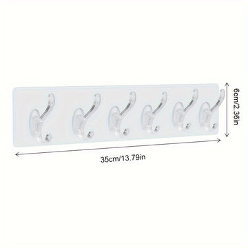 Ganchos de plástico transparente para pared - Fácil instalación, sin perforaciones, adhesivo sin rastro, fila de 6 ganchos para almacenamiento de baño y armario