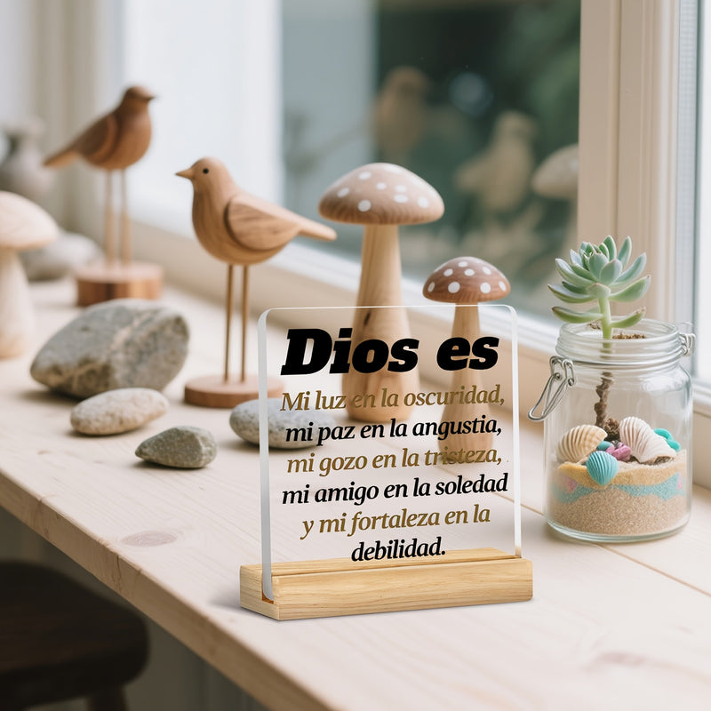 Soporte de madera de acrílico 2D con versículo bíblico en español - Regalo religioso para Navidad, cumpleaños, bautismo - Dios es mi luz en la oscuridad, paz en el dolor - Decoración inspiradora para el hogar y el escritorio
