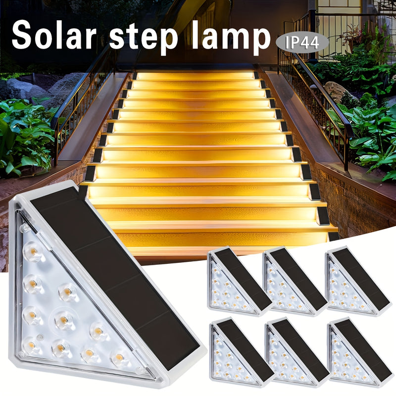 6/12 piezas de luces de escaleras solares LED triángulo, luces de escaleras de barbacoa al aire libre IP44, luces de pared de jardín blanco cálido, fácil instalación, control de interruptor, luces de escaleras de patio, garaje, acera, porche, puerta prin