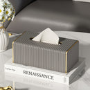 Estuche Elegante para Pañuelos de Cuero Sintético Estilo Nórdico con Rayas Italianas - Diseño Rectangular en Blanco y Dorado para Sala, Comedor o Baño, Decoración de Pared