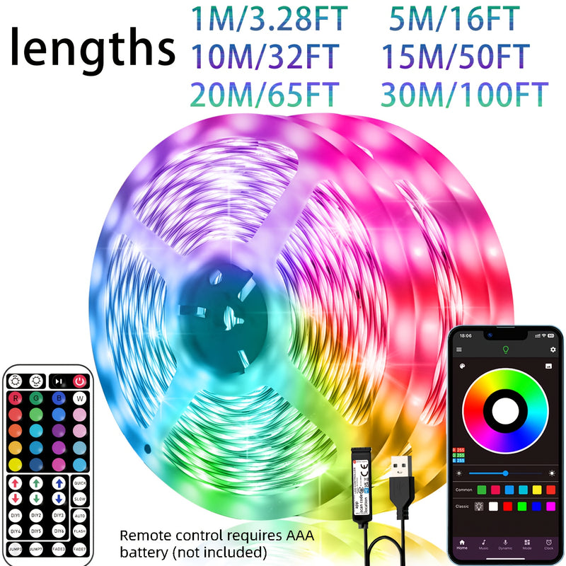 Tira de luces LED RGB inteligente para habitación, 3-100 pies para interiores con control remoto de 44 teclas, sincronización con música, temporizador y control por app, múltiples modos de iluminación para sala de música, sala de estar, Halloween, bodas