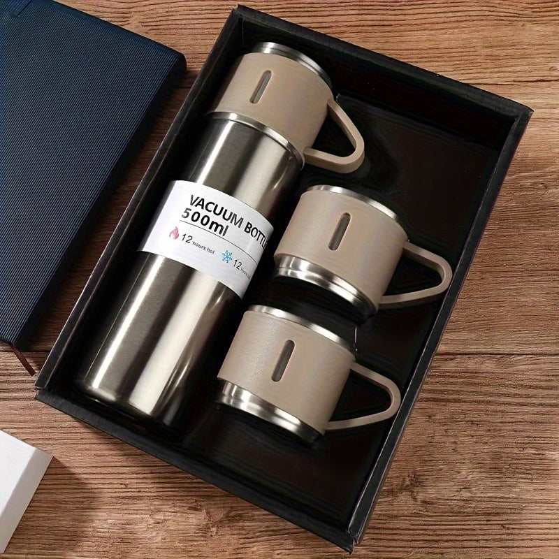 1 juego de tazas de vacío de acero inoxidable 304 para negocios, con 3 tapas, regalo portátil para exteriores.
