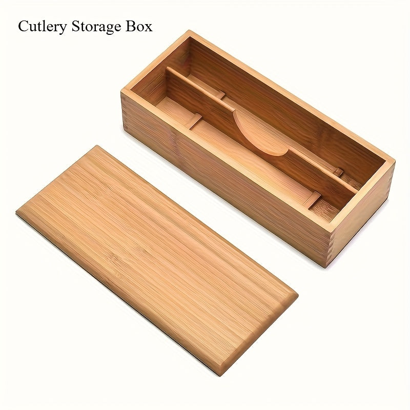 Un contenedor de almacenamiento de cubiertos con tapa - un organizador de cocina conveniente para palillos, tenedores y cucharas, con un diseño de madera de dos secciones, un portacubiertos portátil.
