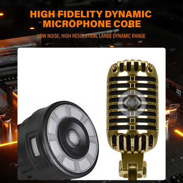 Microfono Vocal Dinámico Clásico XGeS GW55 - Acabado Metálico Dorado con Acentos Negros, Jack de 6.35mm, Funcionamiento con Alimentación por Enchufe, Ideal para Karaoke, Actuaciones En Vivo y Fiestas Musicales, Música Rock, Soporte Universal